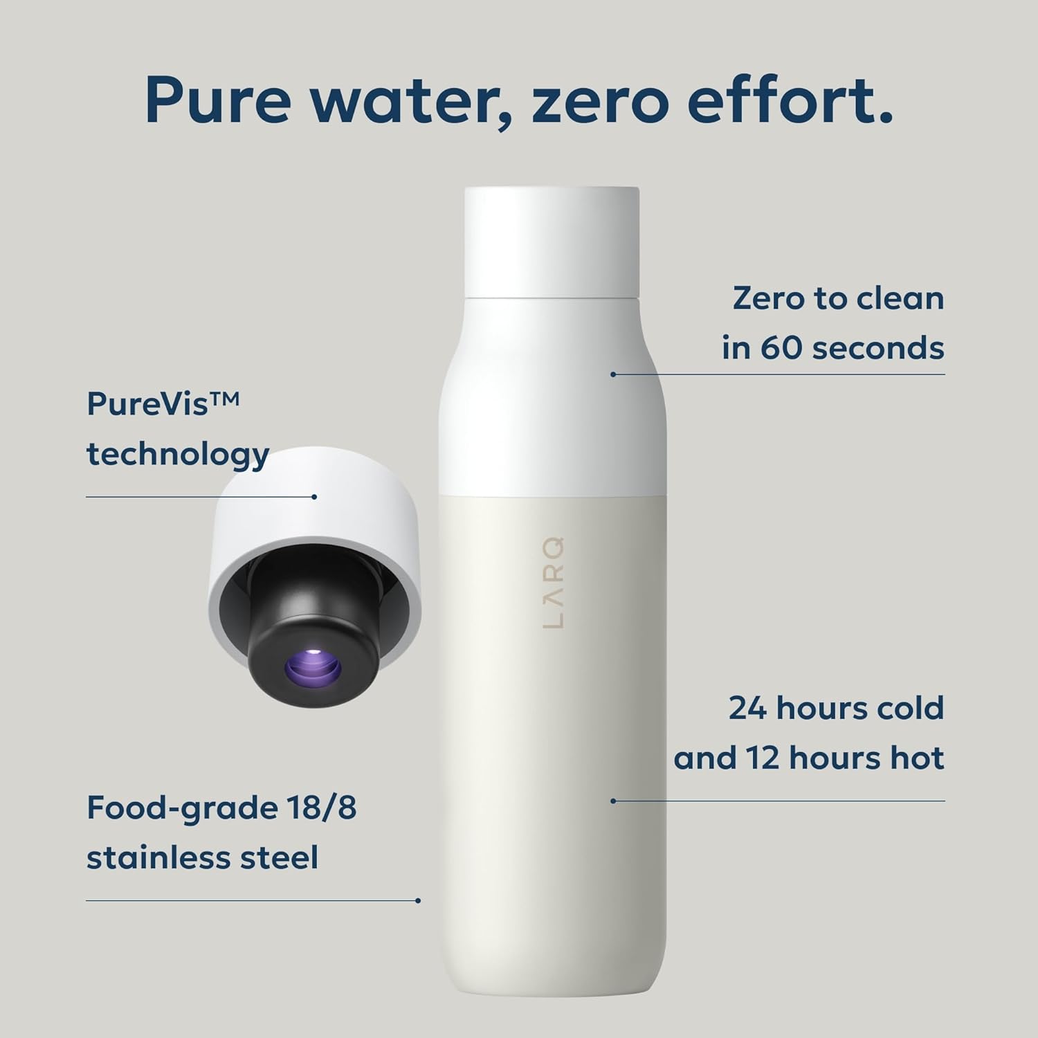 LARQ Bottle PureVis 25oz Self-Cleaning Insulated Stainless Steel Water Bottle with UV Purifier Granite White Zevon