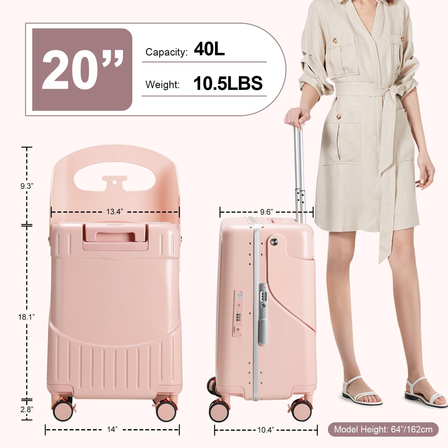 Ride On Hardshell Suitcase with Foldable Seat, Seat Belt & 4-Spinner Wheels Pink Zevon