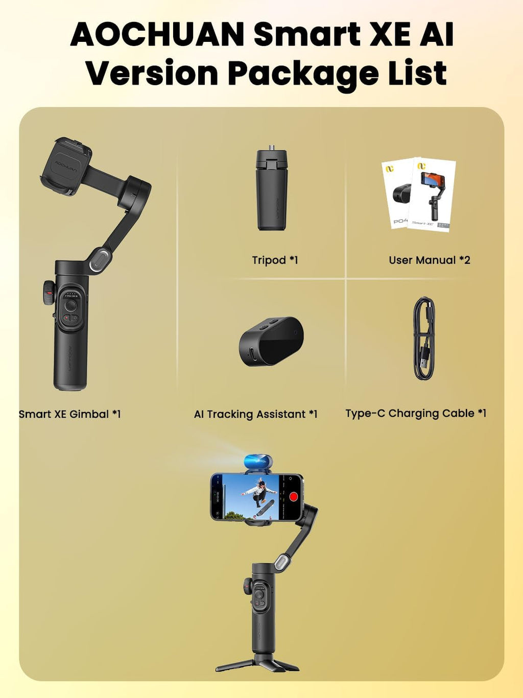 AOCHUAN Smart XE AI 3-Axis Foldable Handheld Smartphone Gimbal Stabilizer with AI Tracking Black Zevon