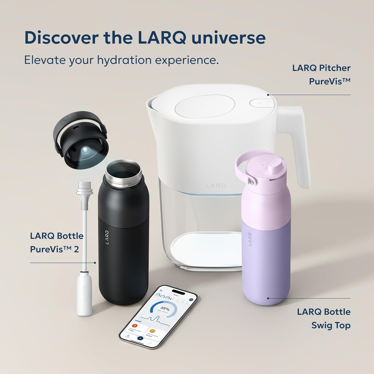 LARQ Bottle PureVis 25oz Self-Cleaning Insulated Stainless Steel Water Bottle with UV Purifier Granite White Zevon