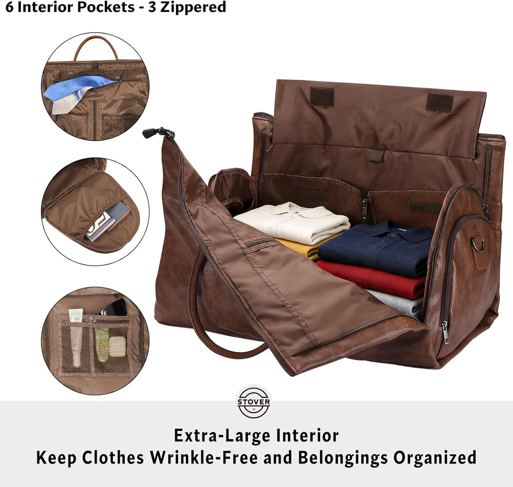 STOVER 2-in-1 Convertible Garment Travel Duffle Bag with Shoe Compartment Brown Leatherette Zevon