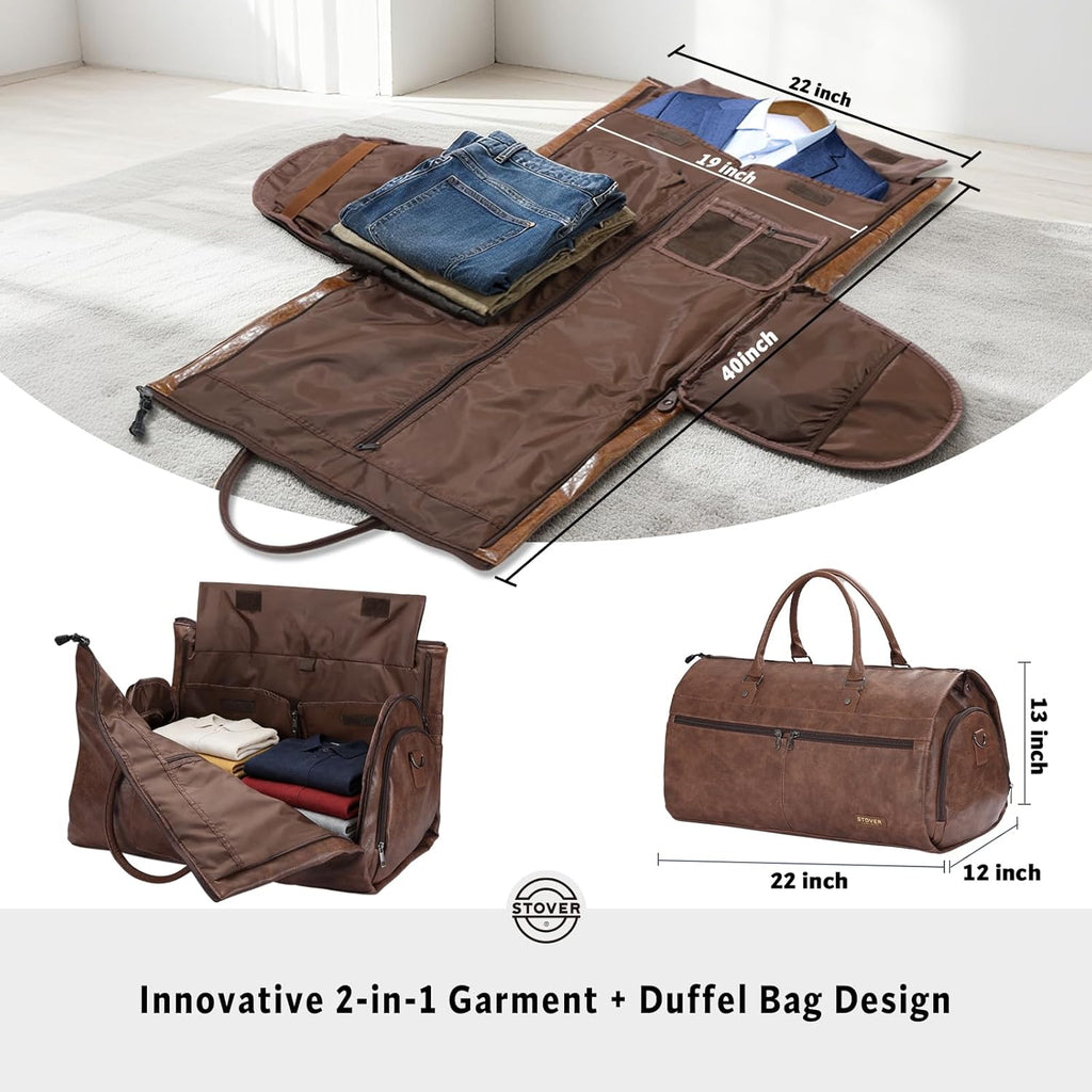 STOVER 2-in-1 Convertible Garment Travel Duffle Bag with Shoe Compartment Brown Leatherette Zevon