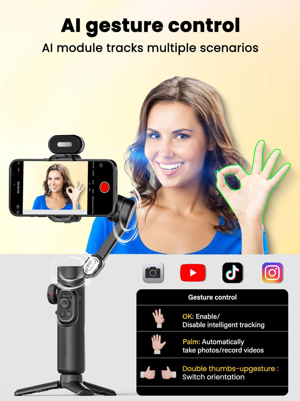 AOCHUAN Smart XE AI 3-Axis Foldable Handheld Smartphone Gimbal Stabilizer with AI Tracking Black Zevon