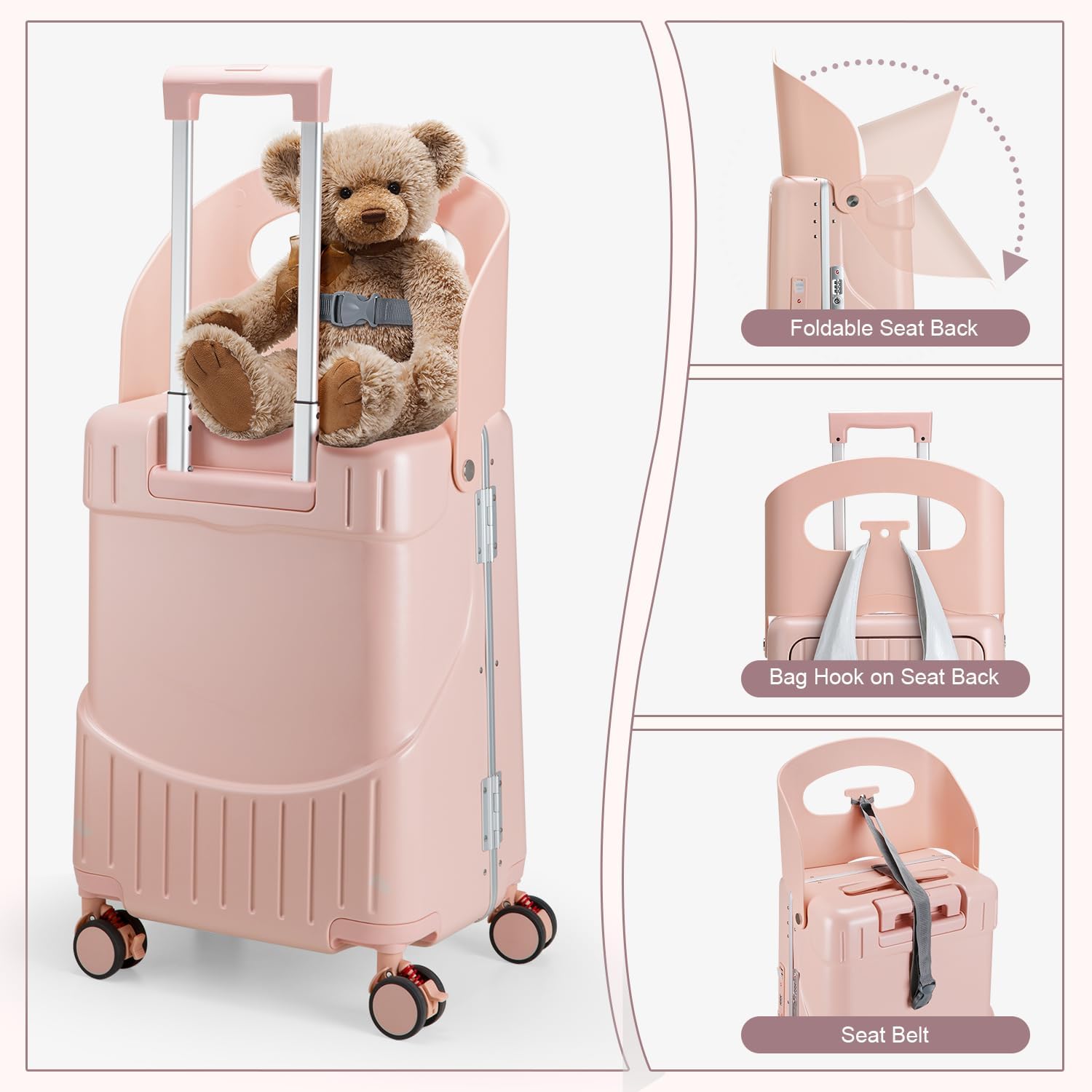 Ride On Hardshell Suitcase with Foldable Seat, Seat Belt & 4-Spinner Wheels Pink Zevon