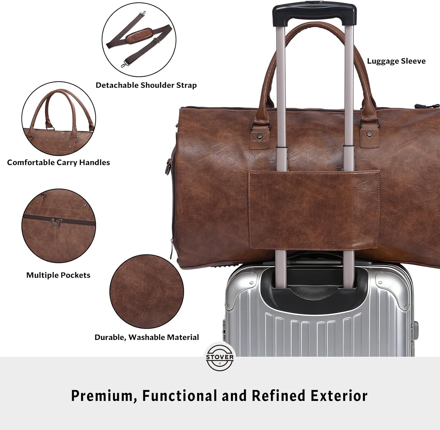 STOVER 2-in-1 Convertible Garment Travel Duffle Bag with Shoe Compartment Brown Leatherette Zevon
