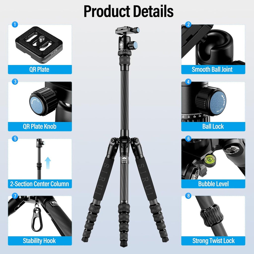 Traveler 5C 54-Inch Lightweight Carbon Fiber Travel Camera Tripod with 360° Ball Head Zevon