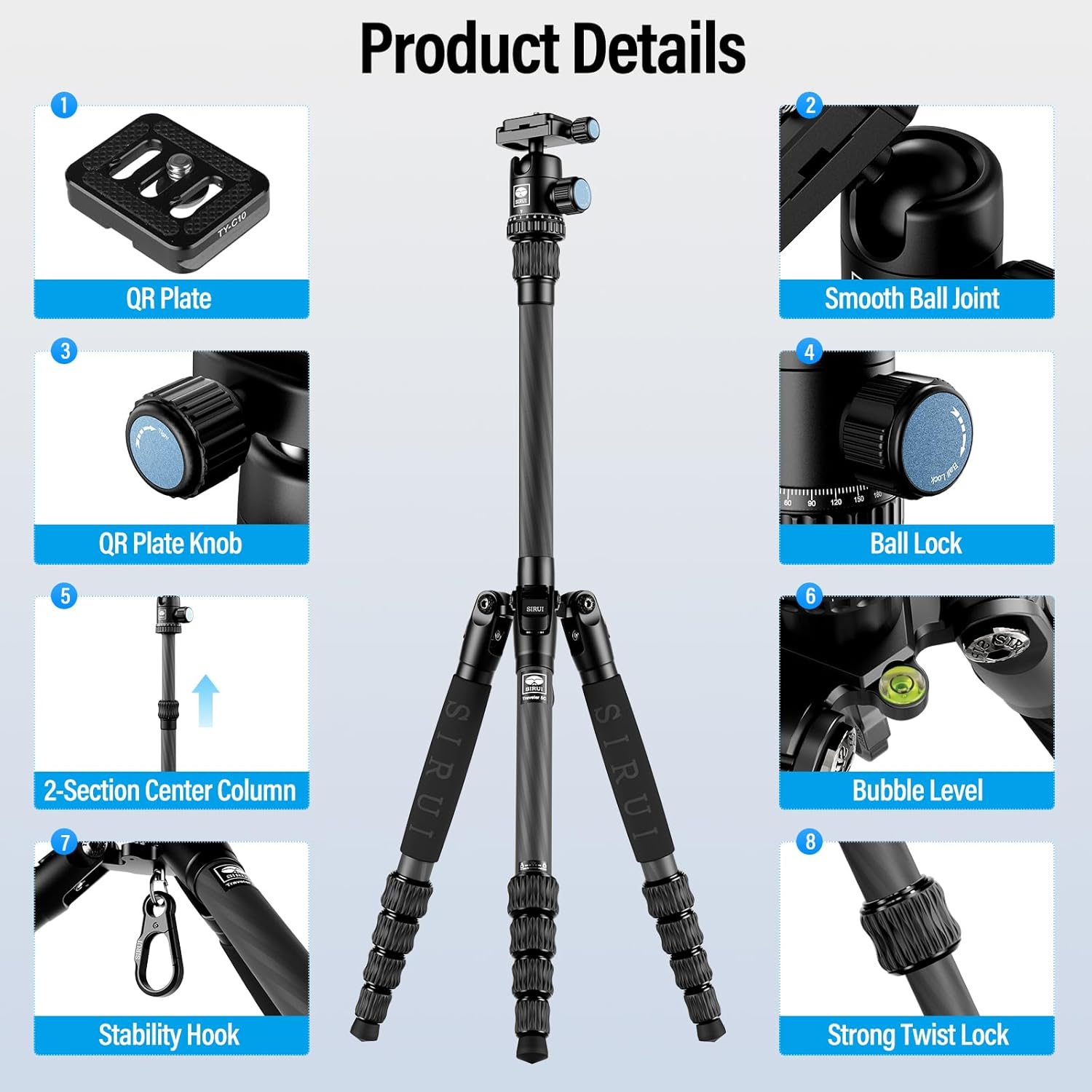 Traveler 5C 54-Inch Lightweight Carbon Fiber Travel Camera Tripod with 360° Ball Head Zevon