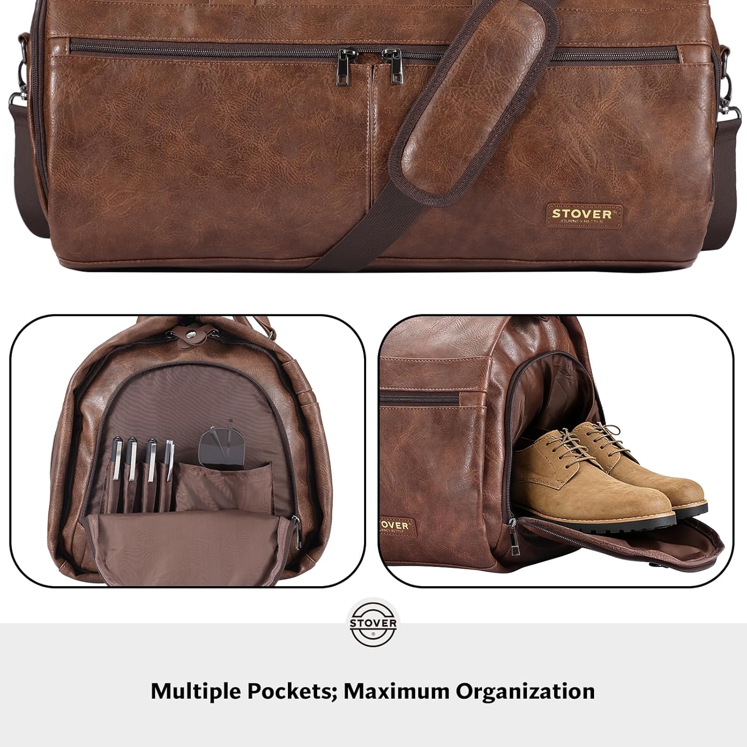 STOVER 2-in-1 Convertible Garment Travel Duffle Bag with Shoe Compartment Brown Leatherette Zevon
